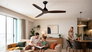 Modern Singapore living room with wooden ceiling fan showing proper fan placement before buying from Wilcon