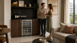 Wine cellar fridge with dark wood cabinets in a modern Singapore living and dining area for everyday home entertaining