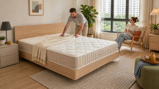 Wood platform bed with quilted mattress in a practical modern Singapore bedroom by MegaFurniture