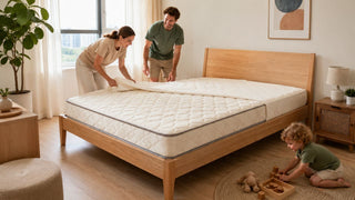 White family making a wooden bed with a quilted mattress in a bright modern Singapore home bedroom