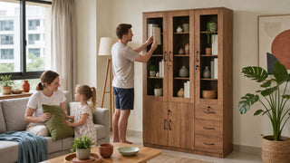 MegaFurniture wooden bookshelf with glass doors and storage drawers in a modern Singapore family living room.