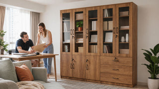 Wooden filing cabinet in a modern Singapore home office with a couple organising household documents