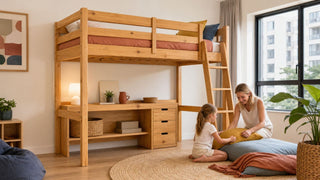Wooden loft bed in a bright Singapore bedroom with practical storage and a family-friendly layout.