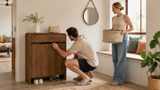 Wooden shoe cabinet in a modern Singapore home entryway as a couple tidies storage before bulky furniture disposal.