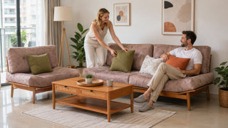 Wooden sofa set in a bright Singapore condo living room with practical cushions and a matching coffee table