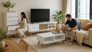 Modern white living room furniture set with TV console, storage cabinet, and coffee table in a Singapore home arranged for work from home.