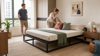 Wrought iron bed frame in a modern Singapore apartment bedroom with simple bedding and practical home styling.