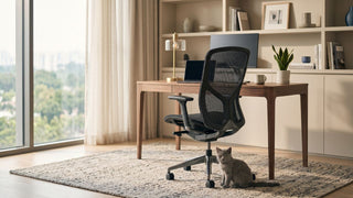 Mesh office chair with lumbar support in a bright Singapore home office beside a wooden desk and large window.