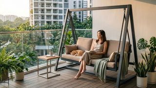 Metal garden swing with beige cushions on a Singapore condo balcony with plants, side table, and a woman reading beside a cat.