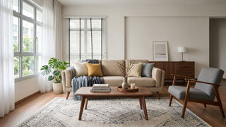 Mid-century modern living room in a Singapore HDB with beige sofa, walnut coffee table, patterned rug, indoor plant, and wooden sideboard.