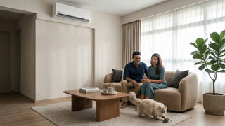 Couple relaxing in a Singapore living room with Midea aircon, neutral sofa and pet cat