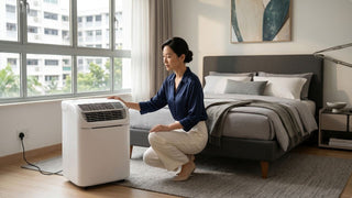 Woman setting a white portable mini aircon near a window in a bright Singapore HDB bedroom with a grey bed frame