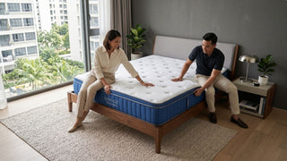 Couple testing a blue mattress on a wooden bed frame in a warm modern Singapore bedroom
