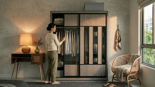 A woman standing in a warmly lit bedroom browsing through clothes in a large sliding wardrobe with integrated glass panels and wood-finish doors.