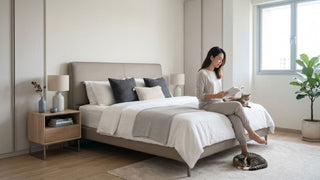 Minimalist HDB bedroom with a neutral bed frame, wooden bedside table, indoor plant, and calm natural light