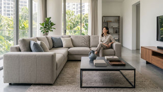 Minimalist Singapore condo living room with beige sectional sofa, large windows, indoor plants and wooden TV console