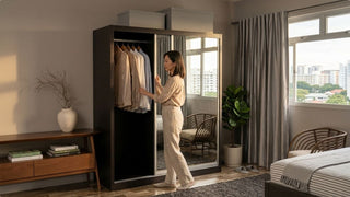Woman checking clothes inside a mirrored wardrobe beside a bed in a bright bedroom