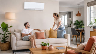 Wall-mounted Mitsubishi-style aircon above a cream sofa in a modern Singapore living room for a comfortable family home