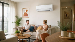 Mitsubishi Electric wall-mounted aircon in a bright modern Singapore condo living room with a couple relaxing on the sofa.