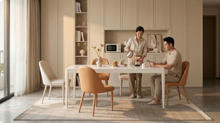 Modern cafe dining setup with white table, peach chairs, and warm built-in storage in a Singapore condo dining area