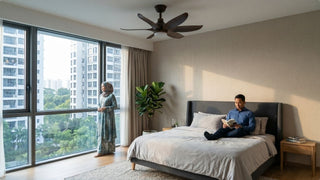 Modern ceiling fan with light in a bright Singapore condo living room with city views