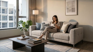 Modern contemporary condo living room with neutral sofa, coffee table, indoor plant, and warm natural light