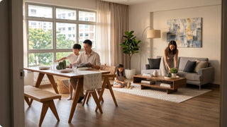 Singapore family in a modern contemporary living and dining room with wooden dining table, grey sofa, and warm neutral styling