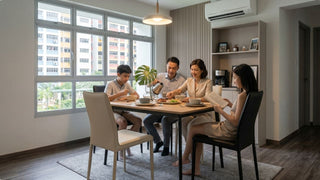Family using modern dining chairs around a wooden dining table in a bright Singapore HDB dining room