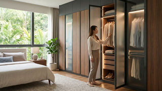 Woman choosing clothes from a modern hinged wardrobe with wood and glass doors in a bright Singapore bedroom
