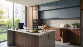 Modern Singapore condo kitchen with grey upper cabinets, wood base cabinets, island counter, and built-in oven