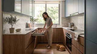 Woman organising a pull-out drawer in a modern kitchen storage cabinet with wood finishes and soft grey overhead cupboards.