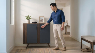 Man opening a modern shoe cabinet beside an entryway bench in a clean Singapore foyer