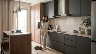 Modern Singapore kitchen with wall-mounted cooker hood, wood and grey cabinets, island counter, woman, and cat in an open-plan home.