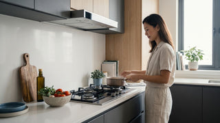 Woman cooking on a built-in gas stove in a modern Singapore kitchen with a range hood and natural daylight.