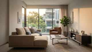 Modern Singapore living room with beige sofa, coffee table, TV console, indoor plant, and warm natural light.