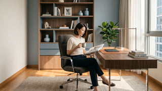 Woman reading in a modern Singapore study room with wooden desk, ergonomic office chair, bookshelf, and natural window light.