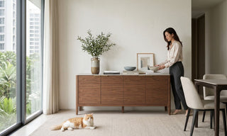 Modern wooden buffet in a Singapore condo dining room with a woman styling bowls and a cat resting on the rug.