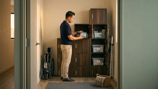 Man storing medical supplies in modular wooden cabinets inside a compact Singapore storage room with mobility equipment nearby
