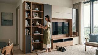 Woman arranging decor on a modular storage unit with open shelves and TV console in a bright Singapore living room.