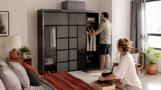 Modular wardrobe in a modern Singapore bedroom with organised storage and clear walking space