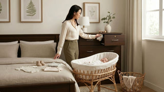 Mother organising baby clothes beside a dark wood chest of drawers and baby bassinet in a calm Singapore bedroom
