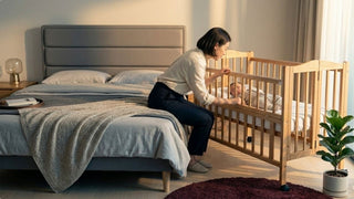Mother checking on a newborn in a wooden cot beside a bed in a warm modern bedroom