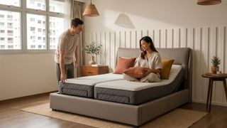 Motorised bed frame in a modern Singapore bedroom with adjustable head and foot support