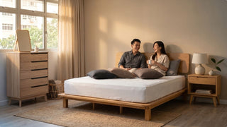 Couple relaxing in a Muji-style bedroom with low bed frame, dresser and warm lighting