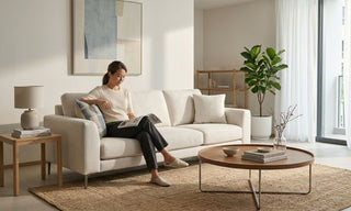 Woman reading on a cream sofa in a Muji-style condo living room with natural wood furniture, jute rug, sheer curtains, and soft neutral decor.