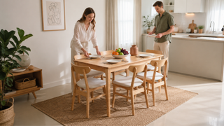 Muji-style light wood dining set in a bright Singapore apartment dining area prepared for a simple family meal.