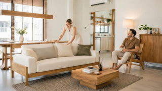 Cream wood frame sofa in a Muji-style Singapore living room with warm natural wood furniture