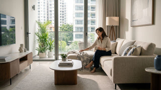 Modern Singapore living room with supportive sofa, TV console, coffee table, and clear walkway for a multi-generational home