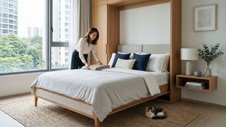 Space-saving Murphy bed in a modern Singapore condo bedroom with wood cabinetry and neutral bedding.