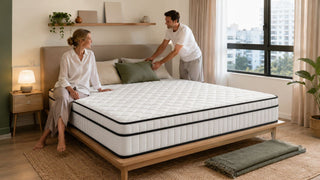 White quilted My President mattress in a modern Singapore bedroom with a couple preparing the bed
